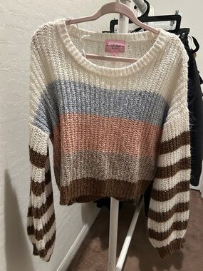 Striped Crewneck Cropped Sweater in Cream, Blue, Pink & Brown